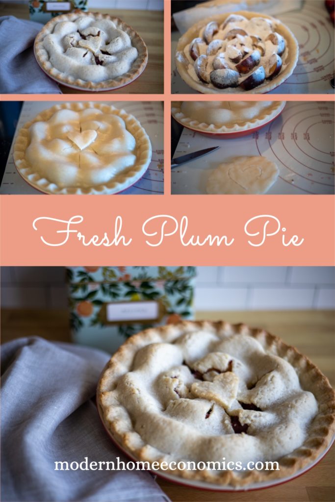 an image for pinning showing a plum pie in various stages of being made