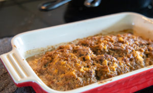 finished meatloaf in a baking dish