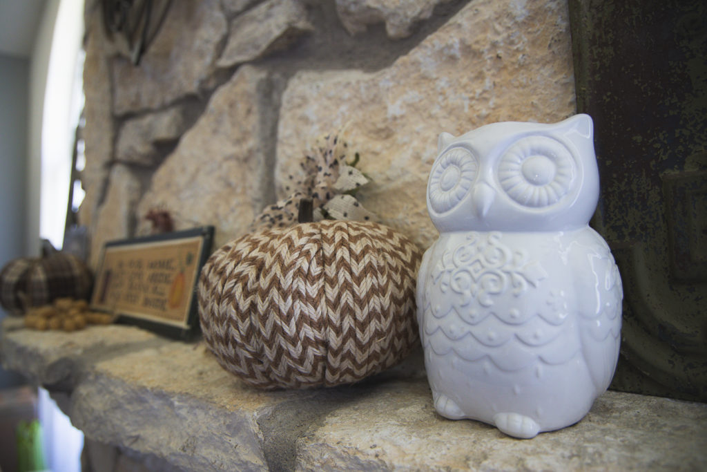 a stone mantle with a white ceramic owl and a chevron pumpkin